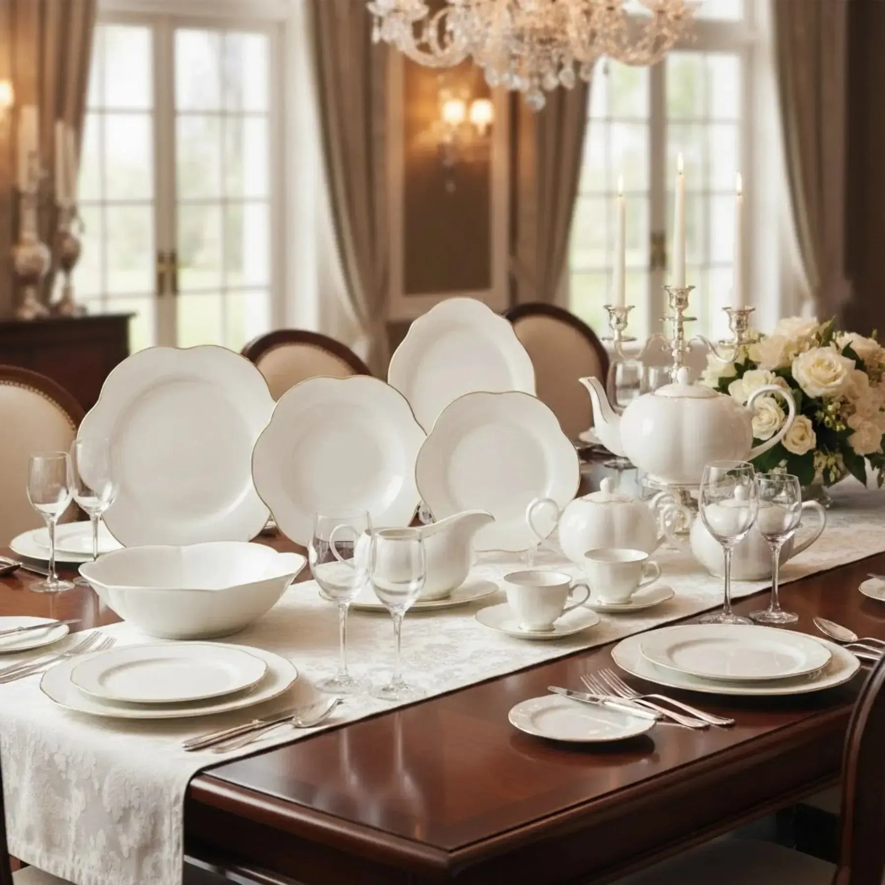 Aparelho de Jantar Camélia 49Pçs New Bone China Filado Dourado L'Hermitage