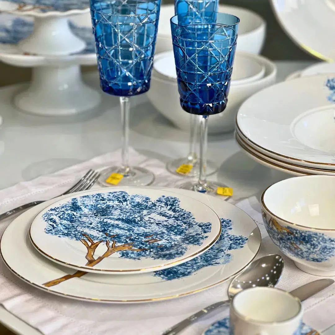 Aparelho de Jantar Cerâmica Ypê Azul com Filete de Ouro 30 Peças Scalla